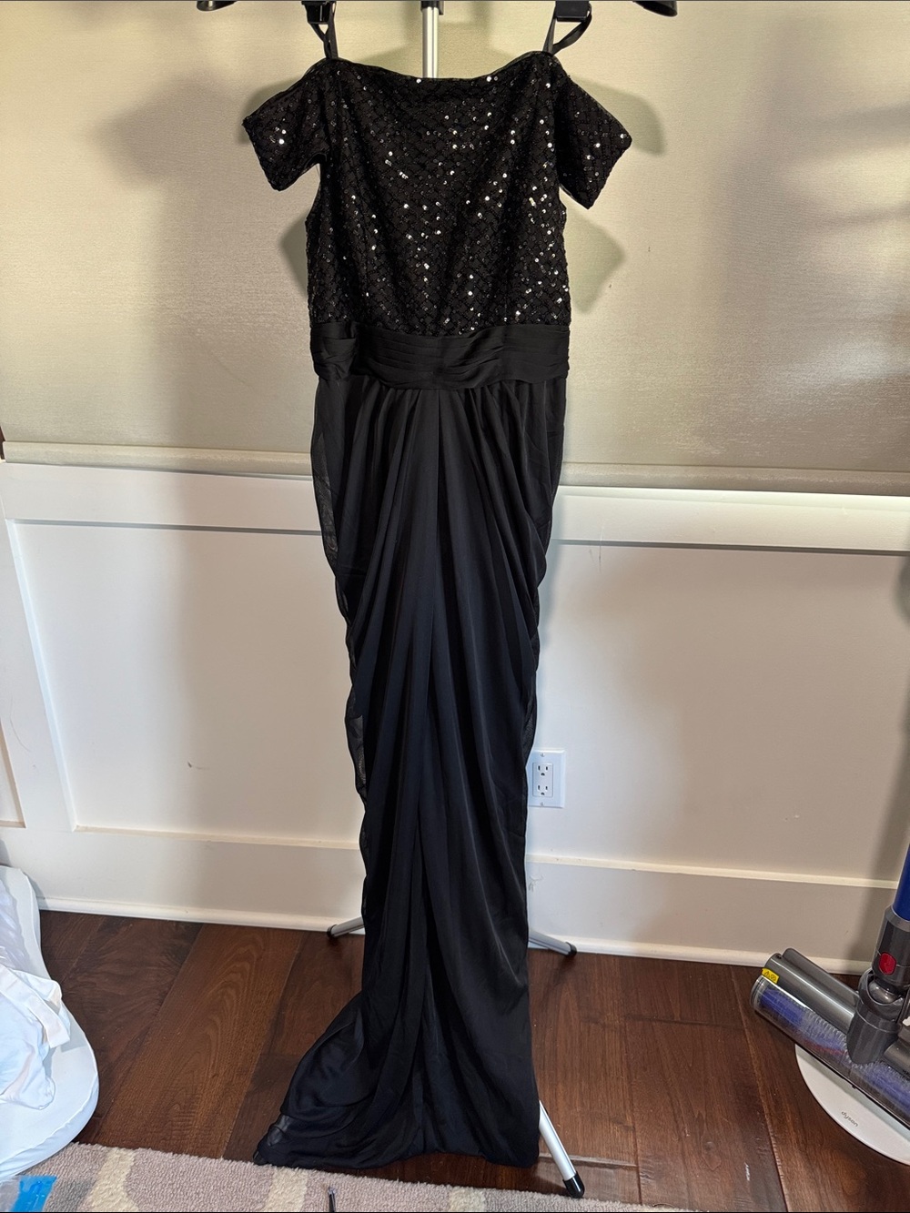 Adrianna Papell Black Sequin Off-Shoulder Maxi Gown